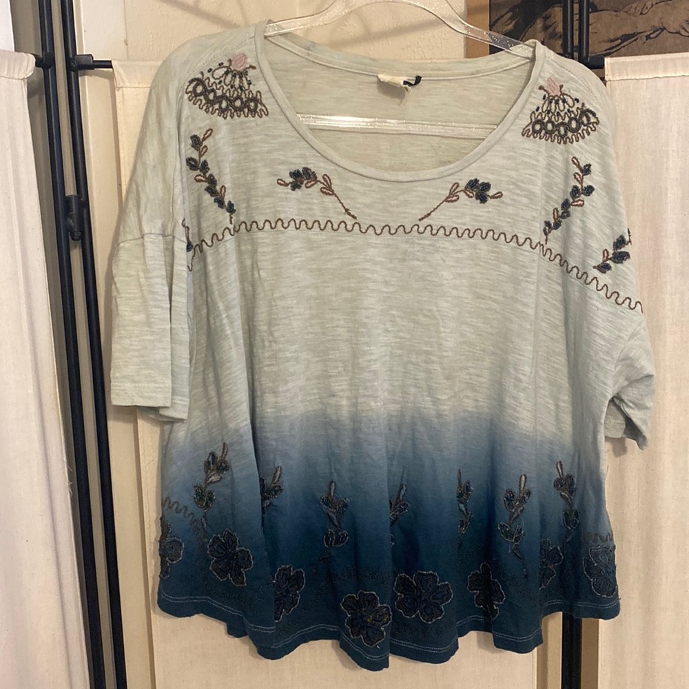 Anthropologie Ombre Embroidered Scoop Neck Top - Light Mint to Teal